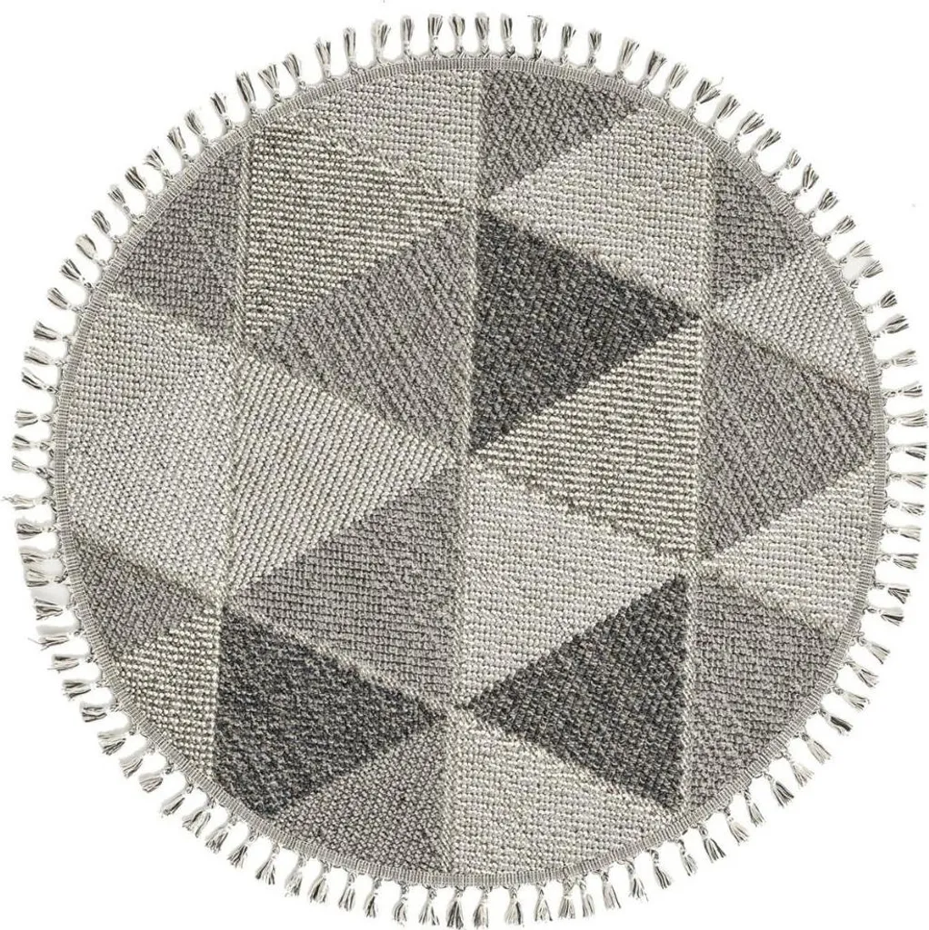 Aménagez un coin lecture avec le tapis rond gris BUKLE motifs triangles