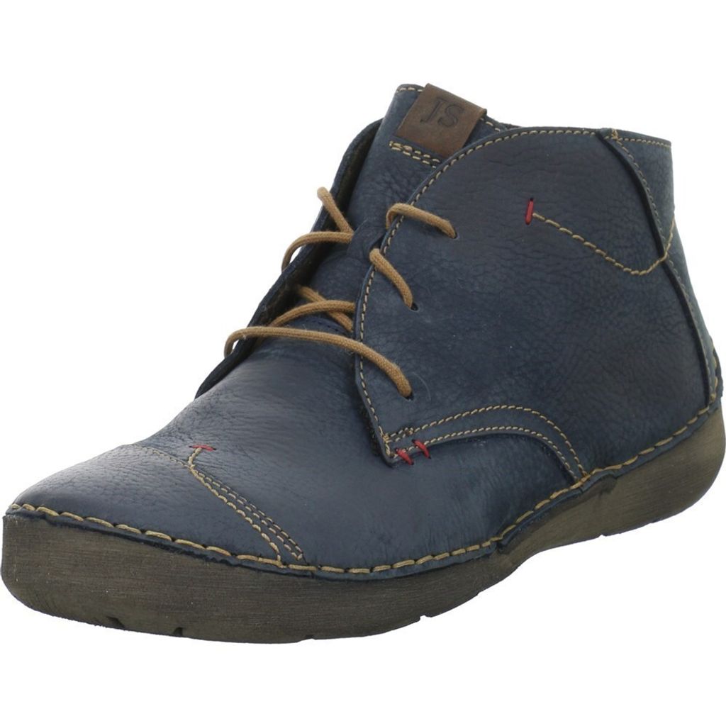 A single blue leather boot is shown against a white background.