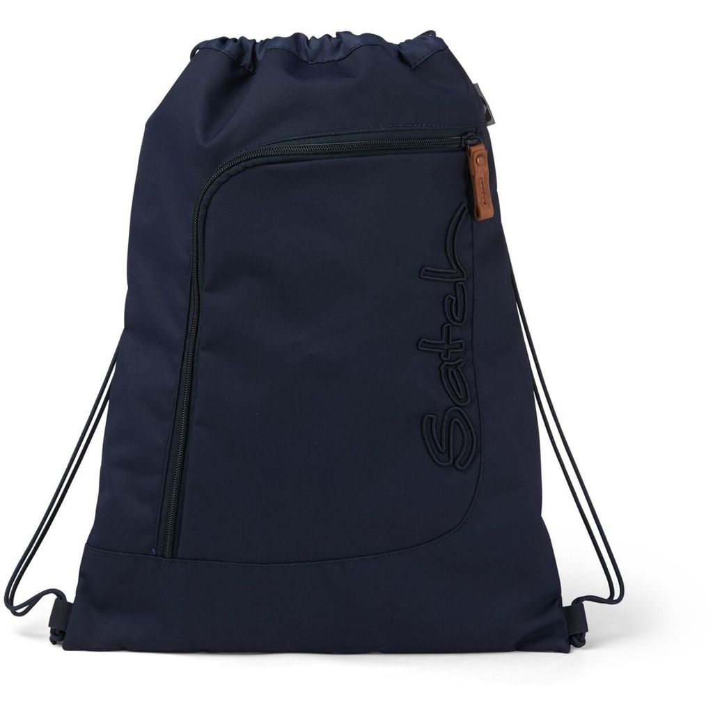 A navy blue drawstring backpack is shown against a white background.