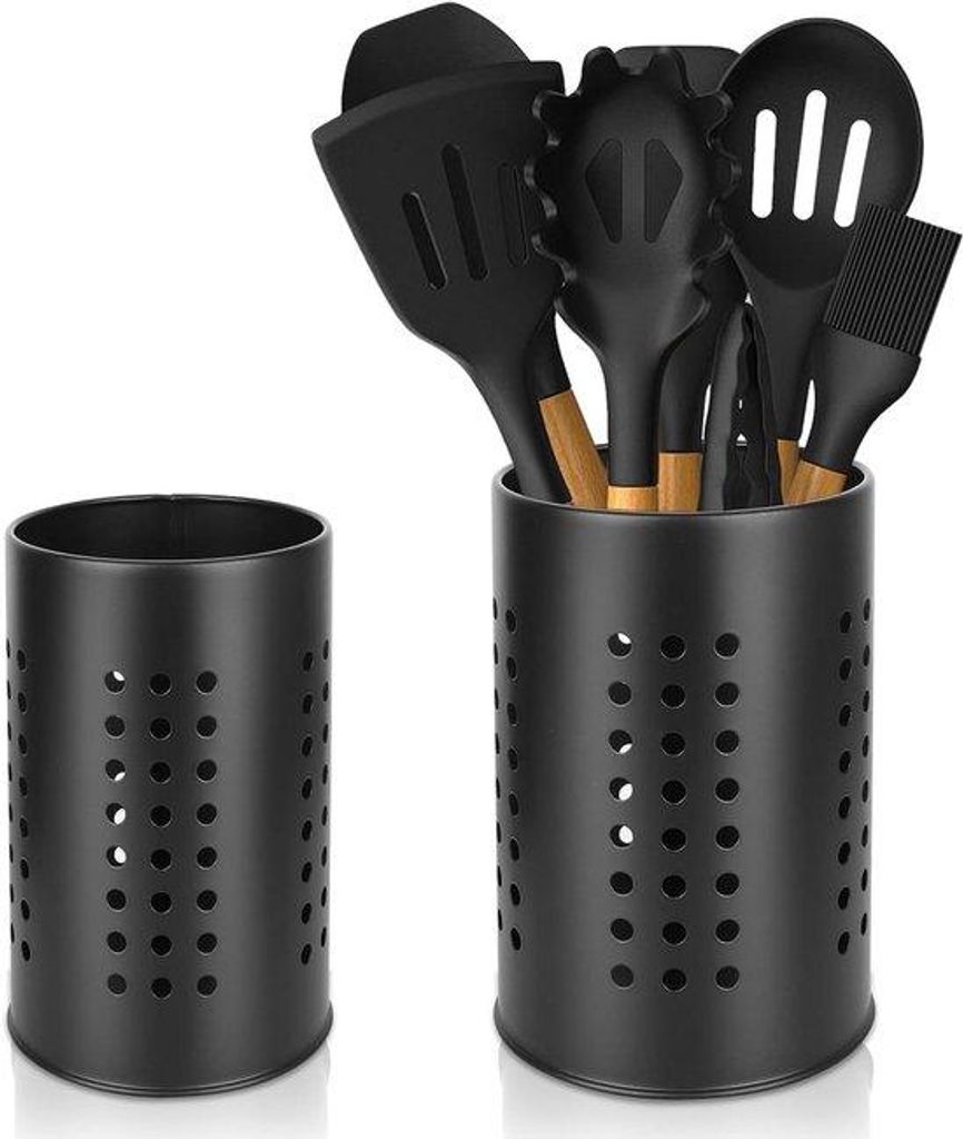Keukenorganizer-set aus Edelstahl - 2-teilig - Besteck- und Utensilien-Caddy - Arbeitsplatten-Organisationslösung mit schwarzem Design