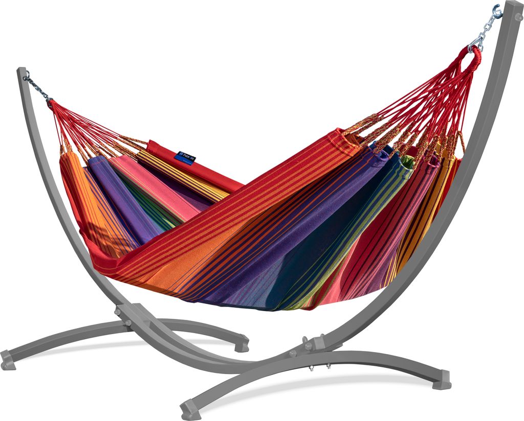 Potenza Outdoor Hängematte mit Gestell für 2 Personen I Arriba - 100% Baumwolle Doppelhängematte 230x160 cm, 220kg I Grau Hängemattengestell 22...