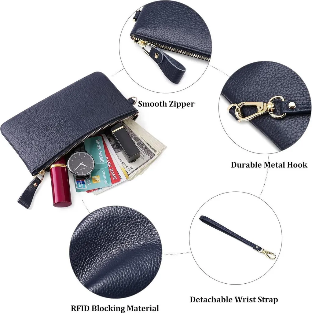 SENDEFN Sac à main d'embrayage RFID en Cuir Véritable - Bleu Profond - 5