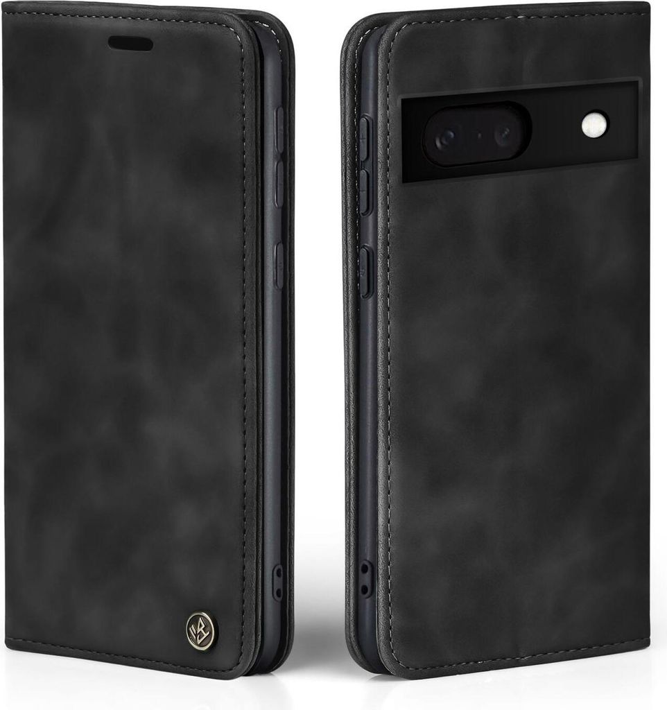 A black flip case for a Google Pixel 7a phone, shown from two angles.