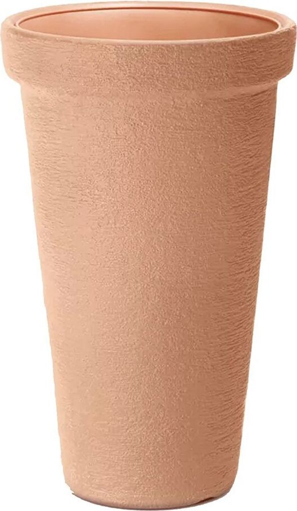 A tall, cylindrical terracotta planter pot with a textured surface and a rim at the top.