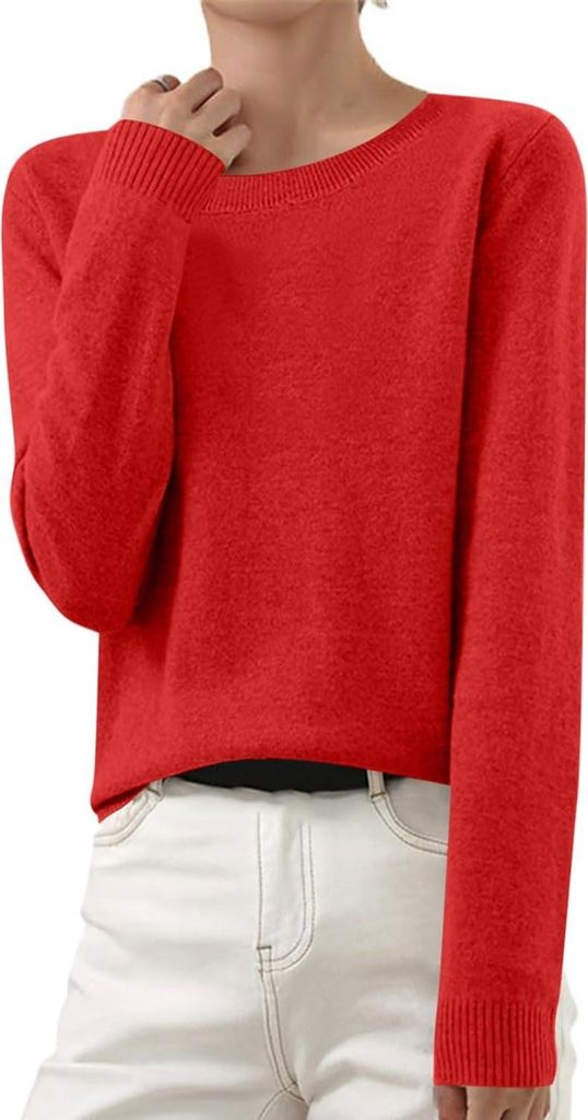 ASKSA Damen Strickpullover Elegant Einfarbig Strickpulli Duenne Feinstrick Winterpullover Stretch Warm Wollpullover Basic Rundhals Pulli,Jujube Rot,S