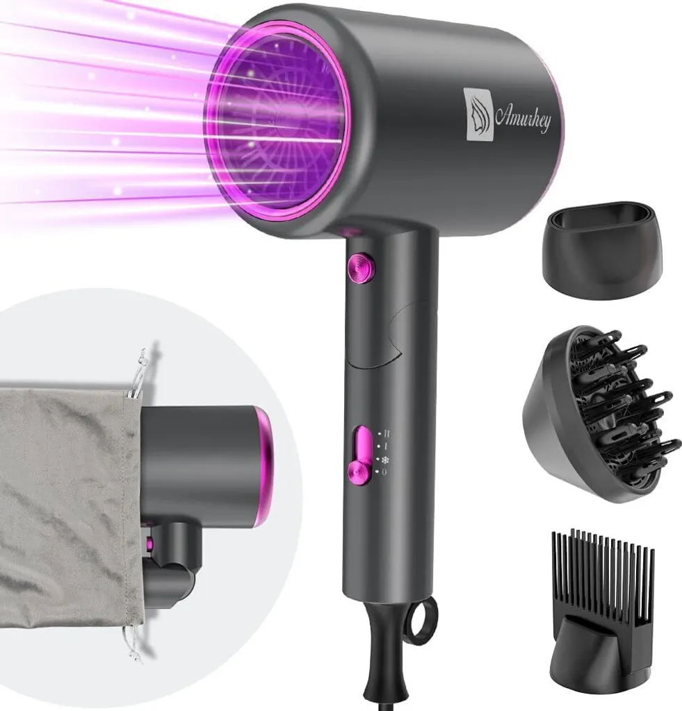 Asciugacapelli ionico, asciugacapelli da 2400W con ugello per lo styling, diffusore e ugelli dritti, luce e alta velocità, asciugacapelli da viaggio pieghevole, Asciugacapelli