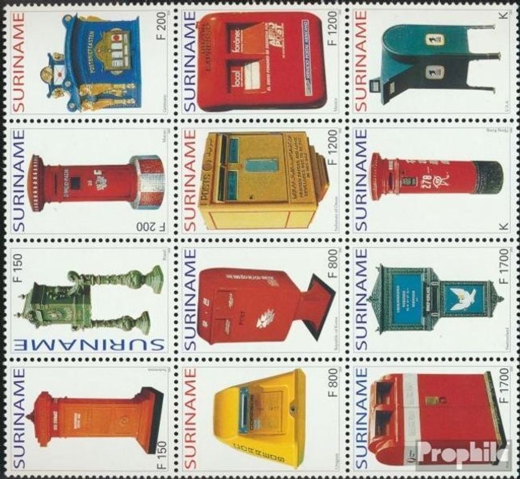 Briefmarken Suriname 2004 Mi 1922-1933 (kompl.Ausg.) Zwölferblock postfrisch Briefkästen aus aller Welt