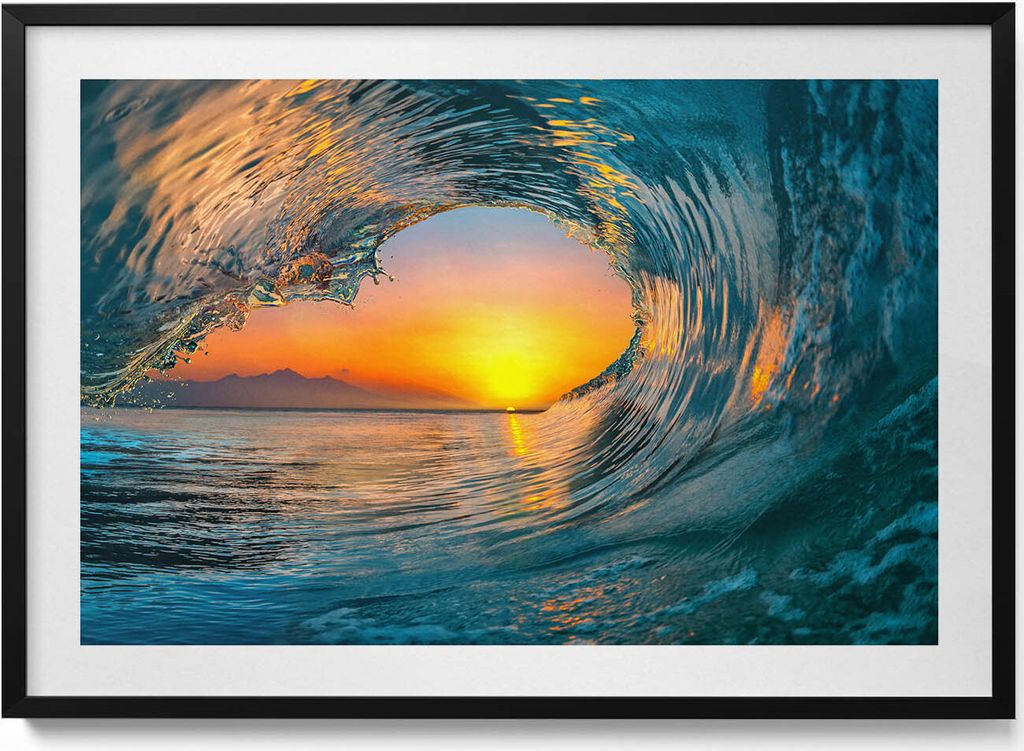 Wasserwelle bei Sonnenuntergang– Wandbild mit Rahmen – Gerahmtes Bild – Wanddekoration – 100x70 cm – Schwarz Rahmen