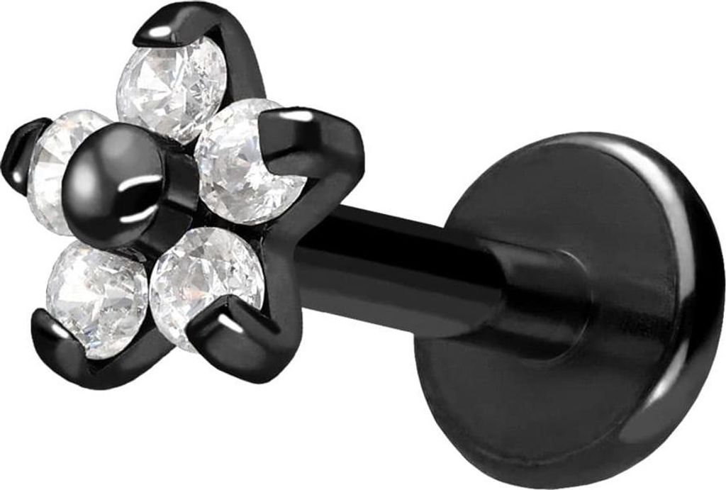 Ohrpiercing, Nasenpiercing Titan Labret mit Push Fit BLUME MIT 5 KRISTALLEN Schwarz Stablänge: 8mm | Stabstärke: 1,2mm