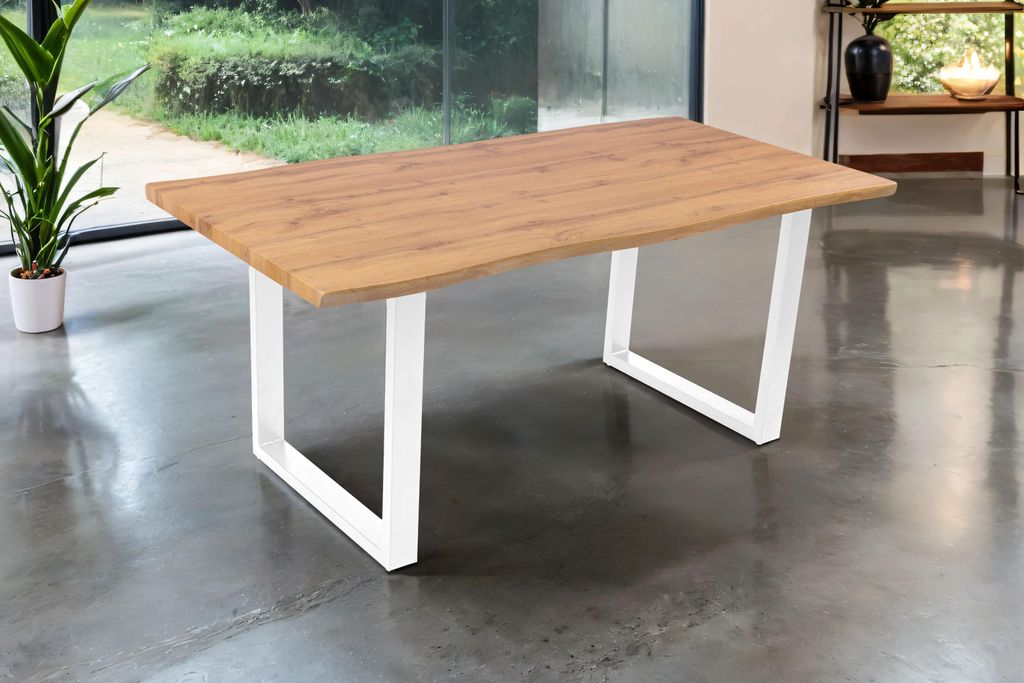 Esstisch 180x90 cm Baumkante Holz Wildeiche-Optik U-Gestell Metall weiß JOSY