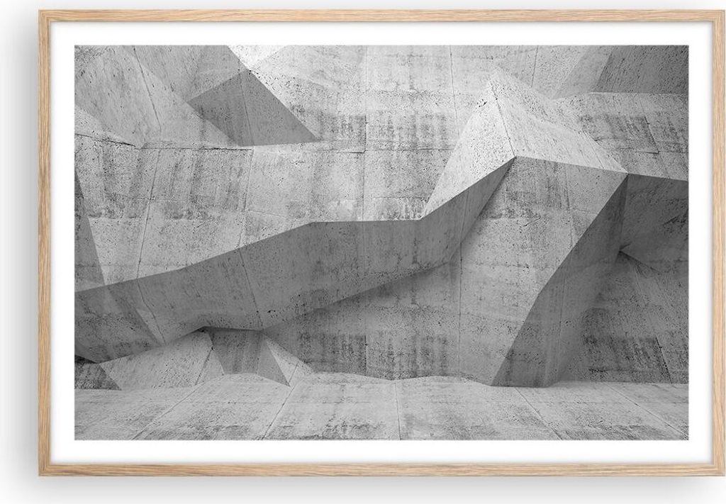 Gerahmtes Poster - Rahmen in heller Eiche - Beton Wand Grau - 91,5x61 cm - Wand Bild - Wanddeko - Wandbilder - Kunstposter - Wandposter - Bilderrah...