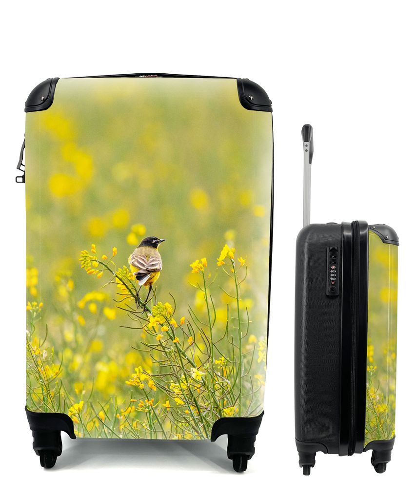 MuchoWow Koffer Handgepäck Trolley Rollkoffer Kleine Reisekoffer mit 4 Rollen - Vogel - Blumen - Gelb - Cabin Size < 55x40x23 cm & 55x40x20 cm -...