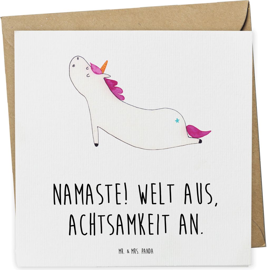 Mr. & Mrs. Panda Grußkarte Einhorn Yoga - Weiß - Geschenk, Glückwunschkarte, Yogamatte, Sport, Unicorn, Klappkarte, Süß, doppelkarte, anlasska...