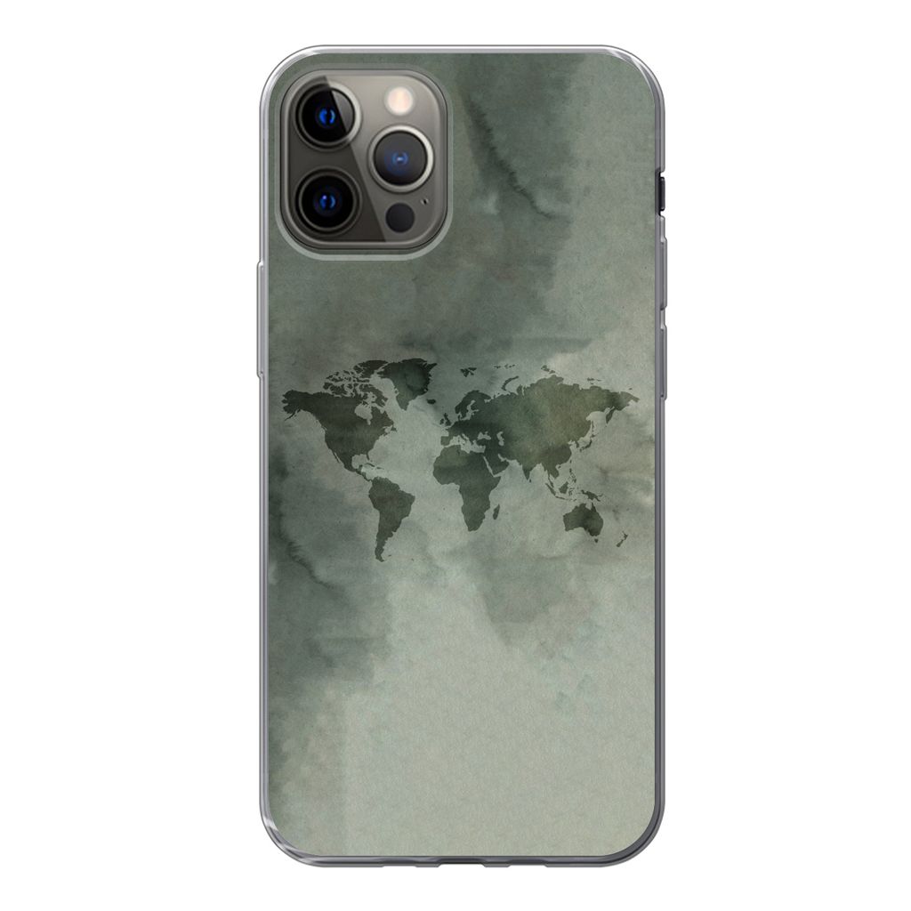 MuchoWow Handyhülle Schutzhülle Hülle für iPhone 13 Pro Weltkarte - Grün - Grau Silikon Softcase Handy Hülle - Handy-Tasche