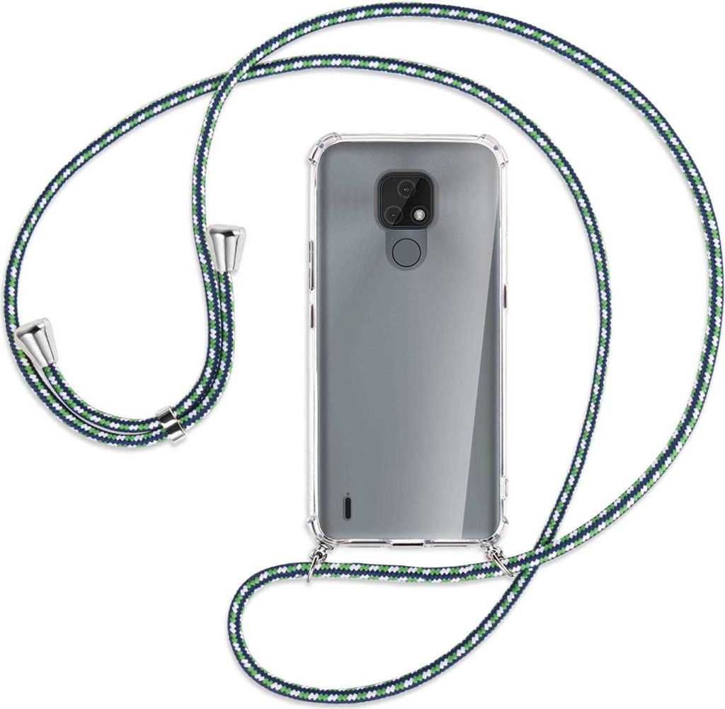 Handykette Backcover-Schutzhülle mit Band (Metall silberfarben) für Motorola Moto E7 - grün/blau/weiß