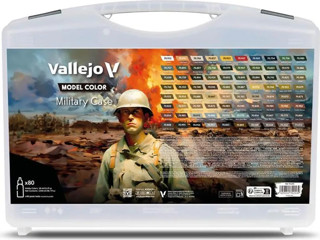 Set Peinture Acrylique Maquette Vallejo Military Case 80 Couleurs avec Mallette