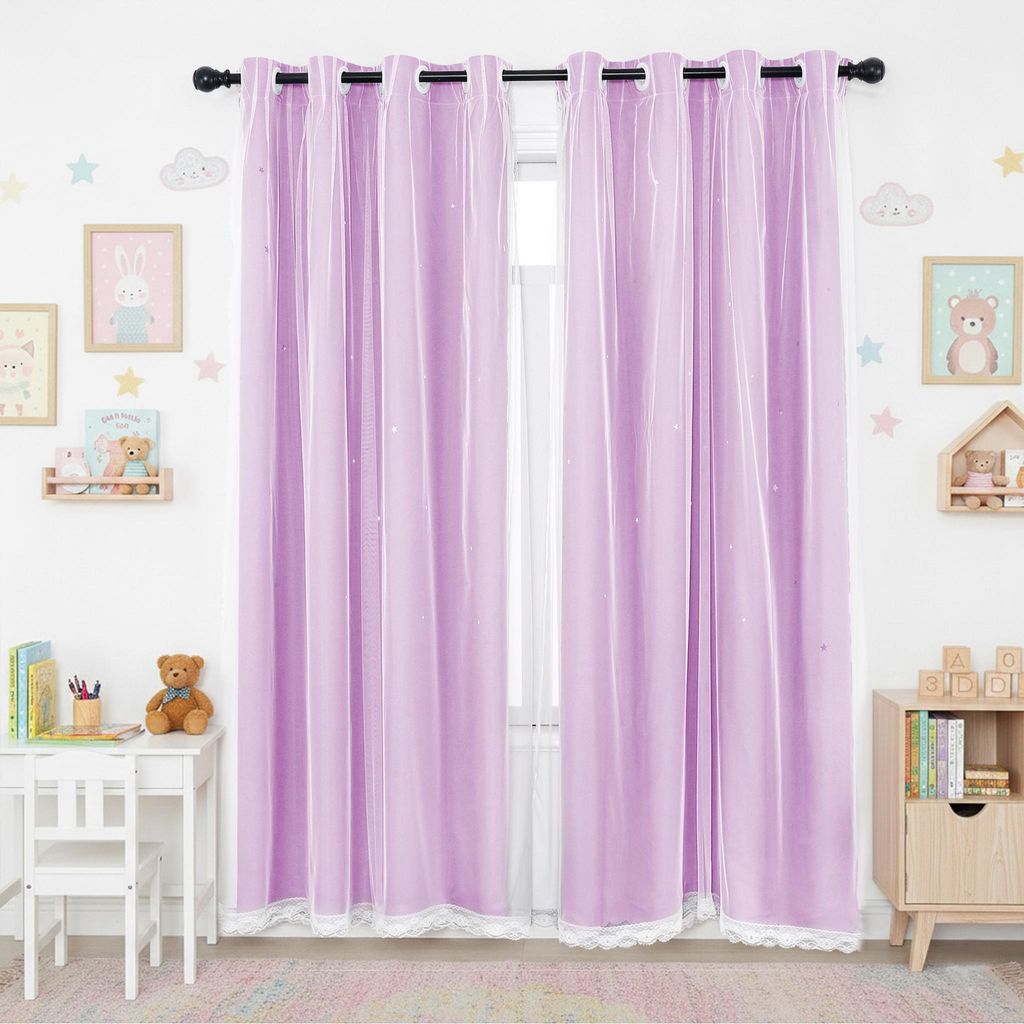 2 Stück Vorhang Blickdicht Gardinen Stern Doppelschicht Ösenvorhänge mit Voile für Schlafzimmer Wohnzimmer Kinderzimmer, Lila, B130xH160cm
