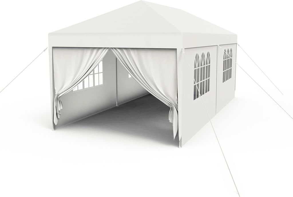 A white party tent or gazebo with open curtains and windows, set against a white background.