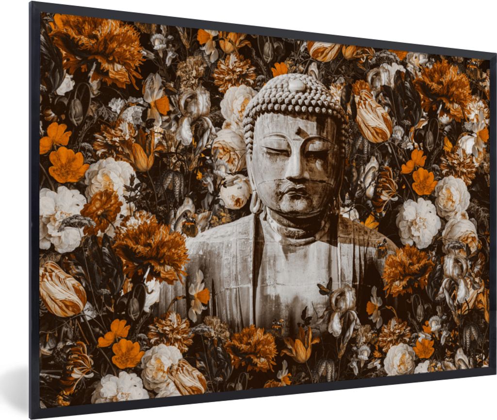 MuchoWow MuchoWow Gerahmtes Poster Buddha - Blumen - Orange 30x20 cm - Poster mit zchwarzem Bilderrahmen - Kunstdruck - Bild-Poster