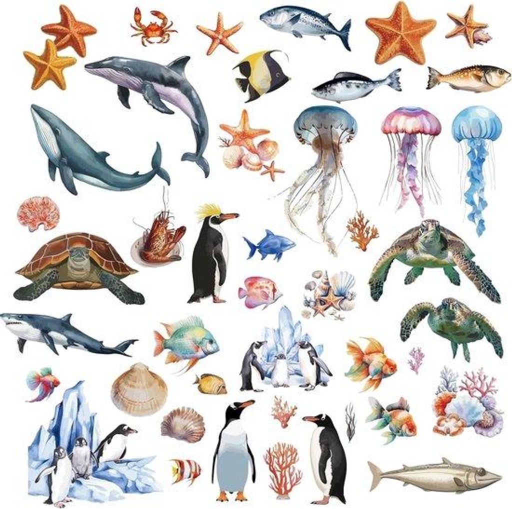 Raamstickers Meerwelt - 8 Blätter, Sommerdeko mit Kwallen, Schildkröte, Seestern, Fisch, Pinguin.