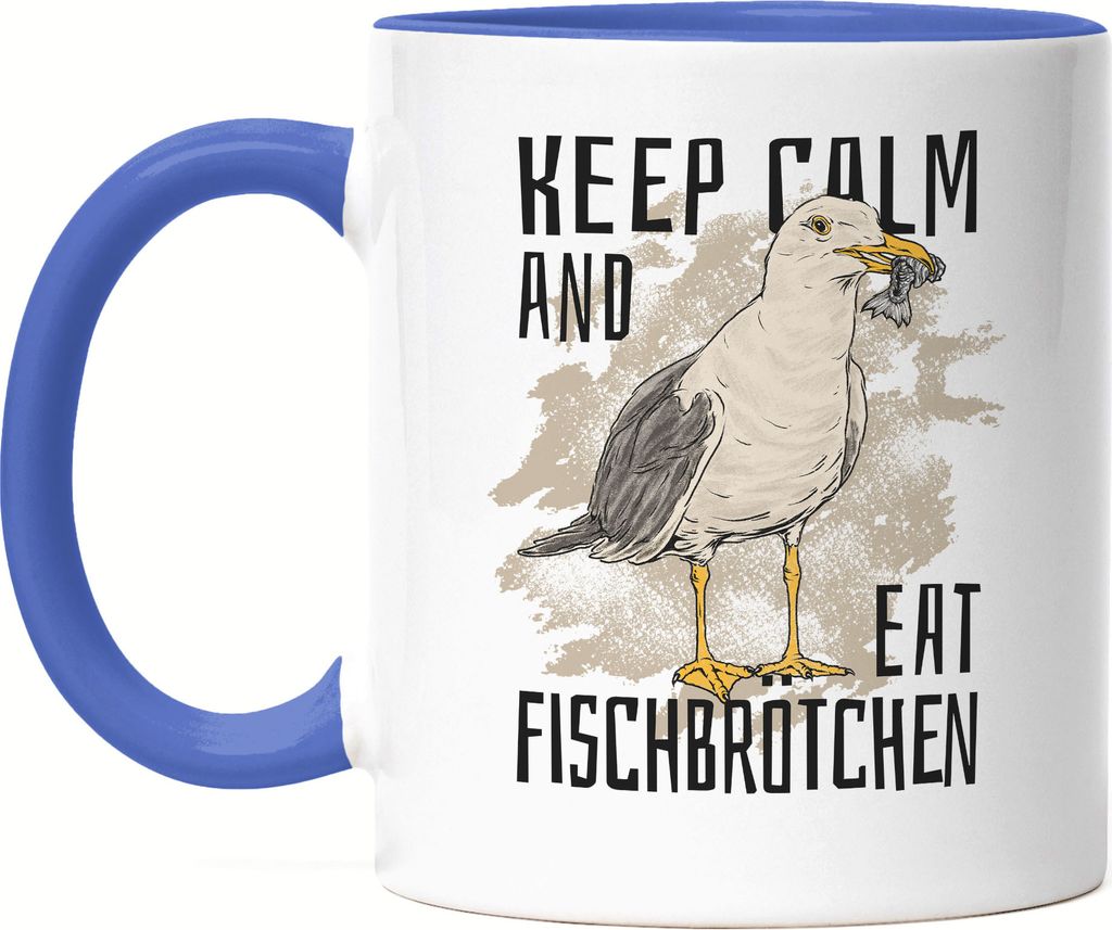 Keep Calm and Eat Fischbrötchen Tasse Blau Möwe Sylt Krabbenbrötchen Hamburg
