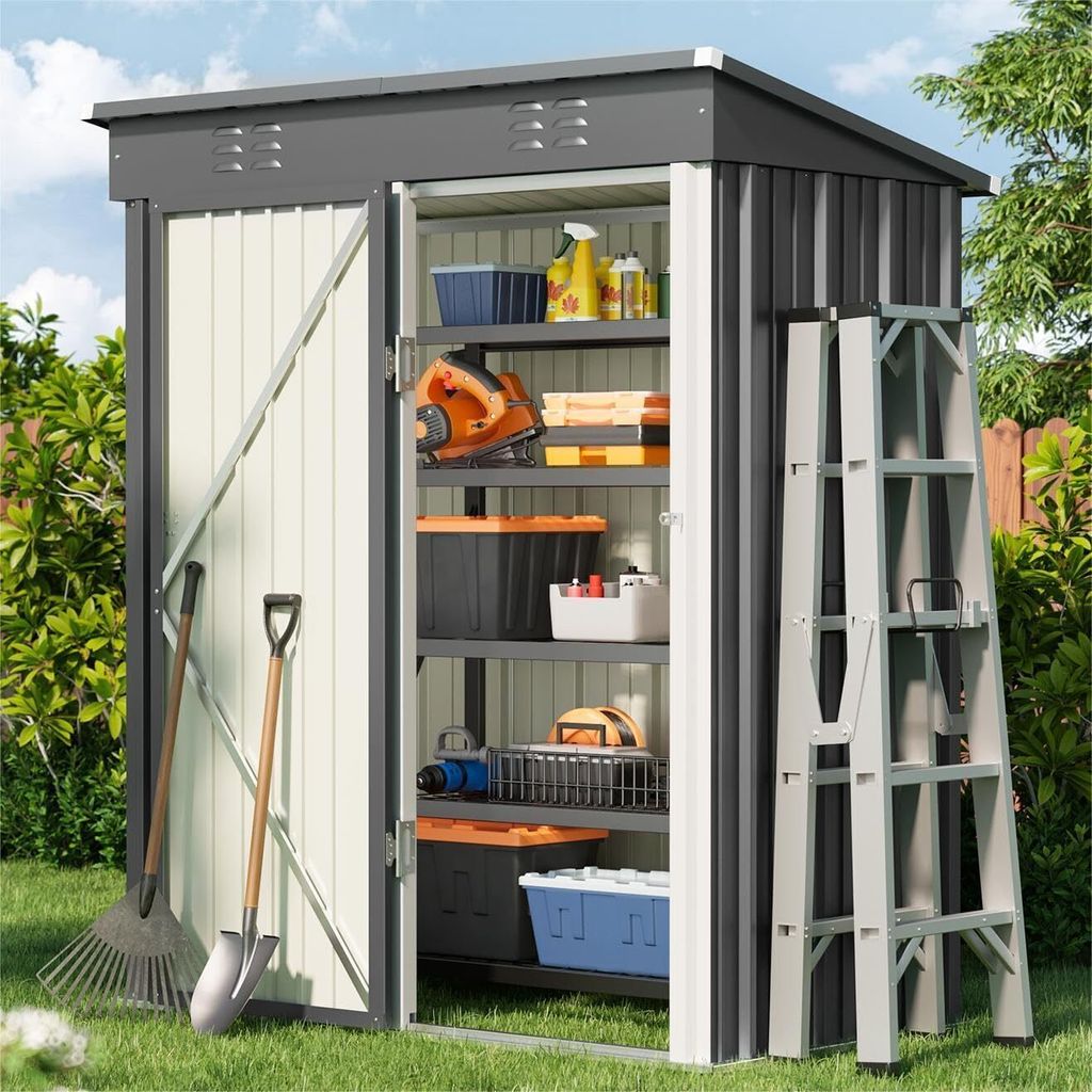 Bealife Metall Gerätehaus, Geräteschuppen mit 1m², Anthrazit Gartenhaus Gerätehaus Pultdach, Fundamentrahmen,180x95x162cm, CC21