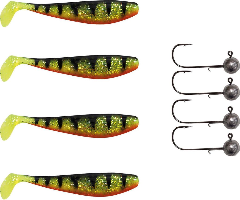 4x Fox Rage Zander Pro Shad + 4x Pamchion Jigköpfe / Jighaken Set 8-teilig