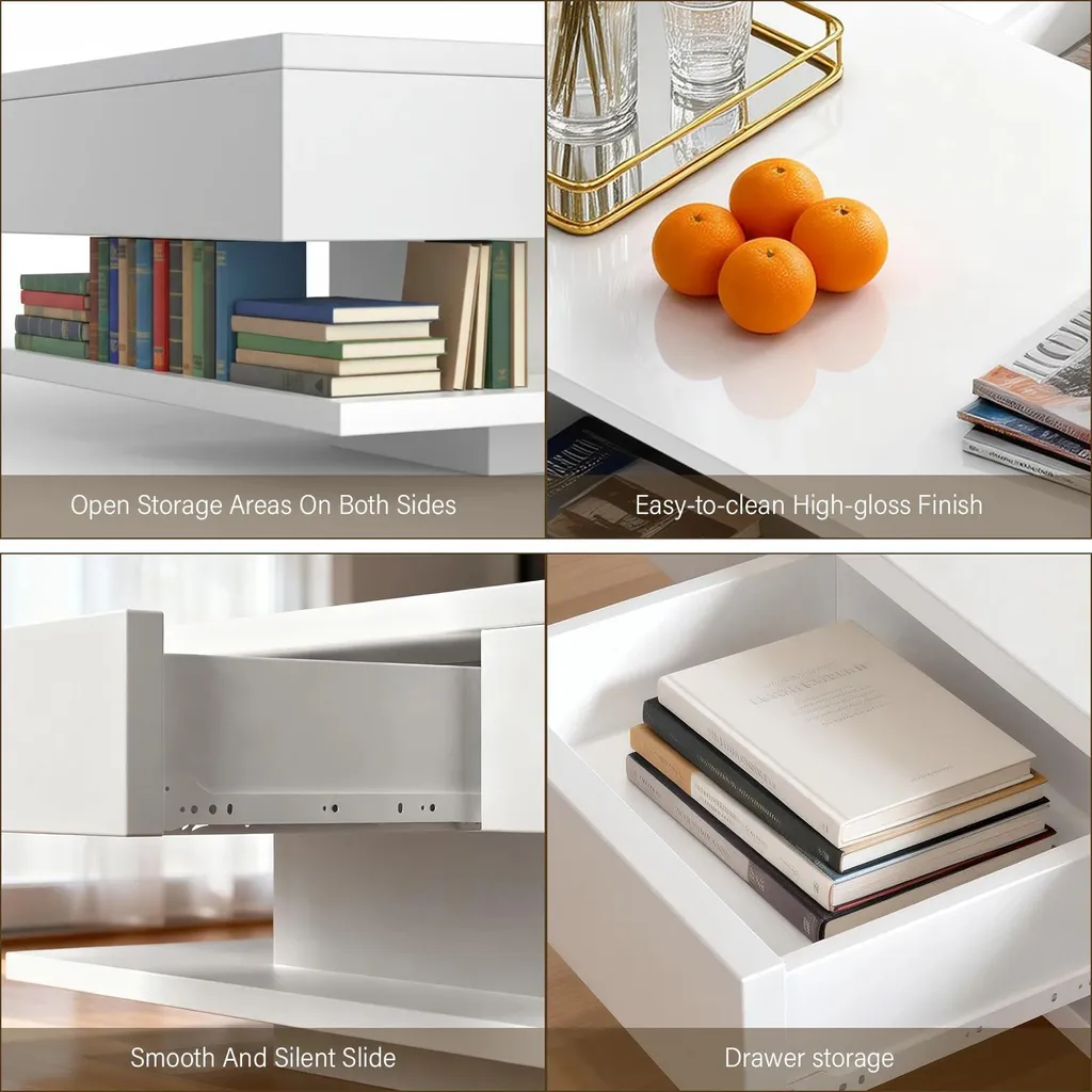 Table basse avec 2 tiroirs de rangement et niche ouverte - Blanc moderne