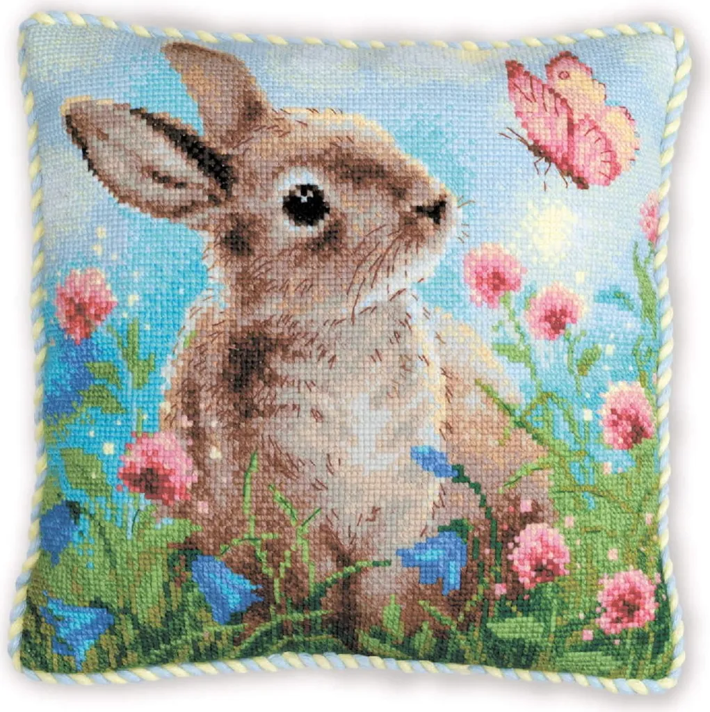 Coussin Point de Croix à Faire Soi-Même Lapin Riolis Déco Printemps