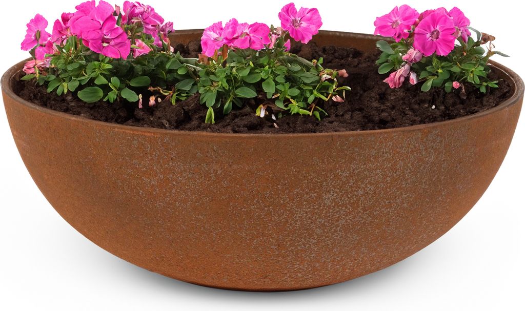 Runde bauchige 19 cm Pflanzschale für draussen, rost-optik braun