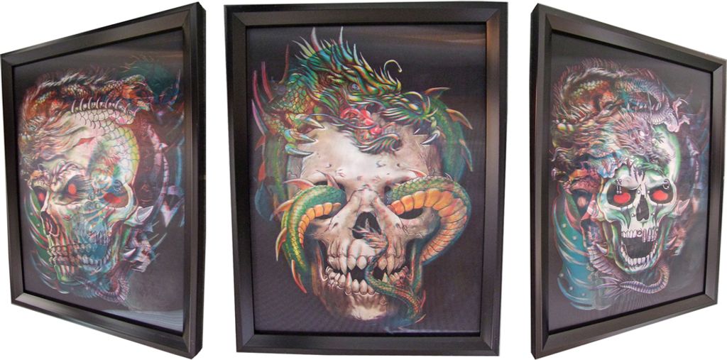 3D Effektbild Totenkopf mit Drache - ca. 42,5 x 32,5 cm