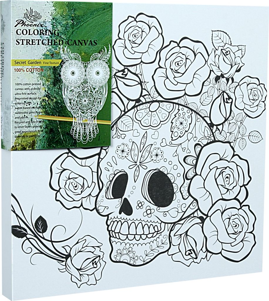 Leinwand auf Keilrahmen 30 x 30 mit einer gedruckten Schablone zum Ausmalen des Totenkopfes