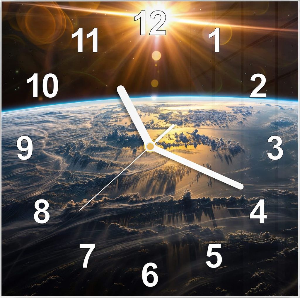 Wanduhr aus Glas mit Motiv Sonnenaufgang Erde- 30 x 30 cm - inkl. Aufhängesystem