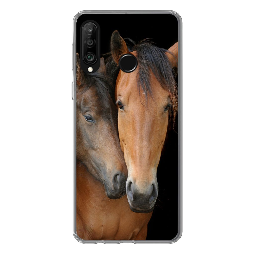 MuchoWow Handyhülle Schutzhülle Hülle für Huawei P30 Lite Pferde - Liebe - Braun Silikon Softcase Handy Hülle - Handyhülle