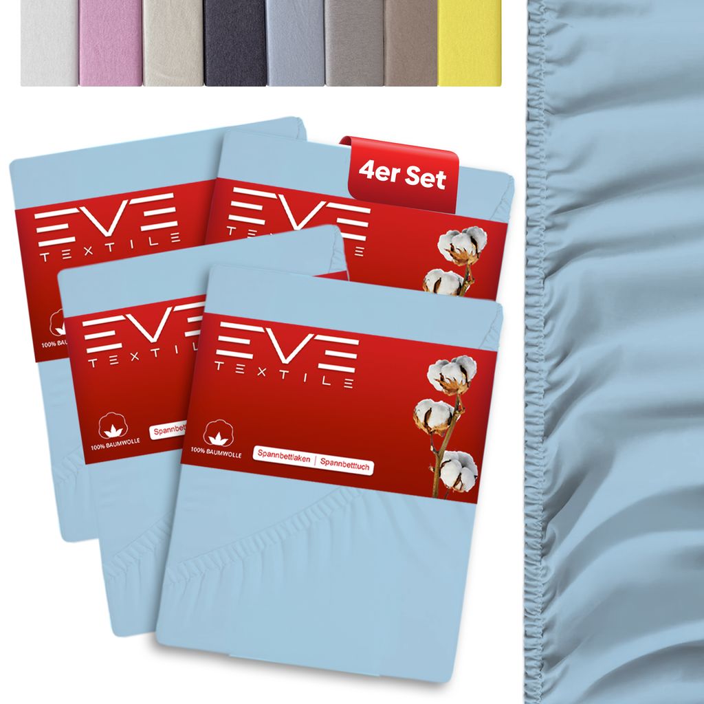 A set of four light blue fitted sheets are stacked in front of a background of various colored fabric swatches. To the right, a close-up of a light blue fitted sheet with elastic edging is shown.