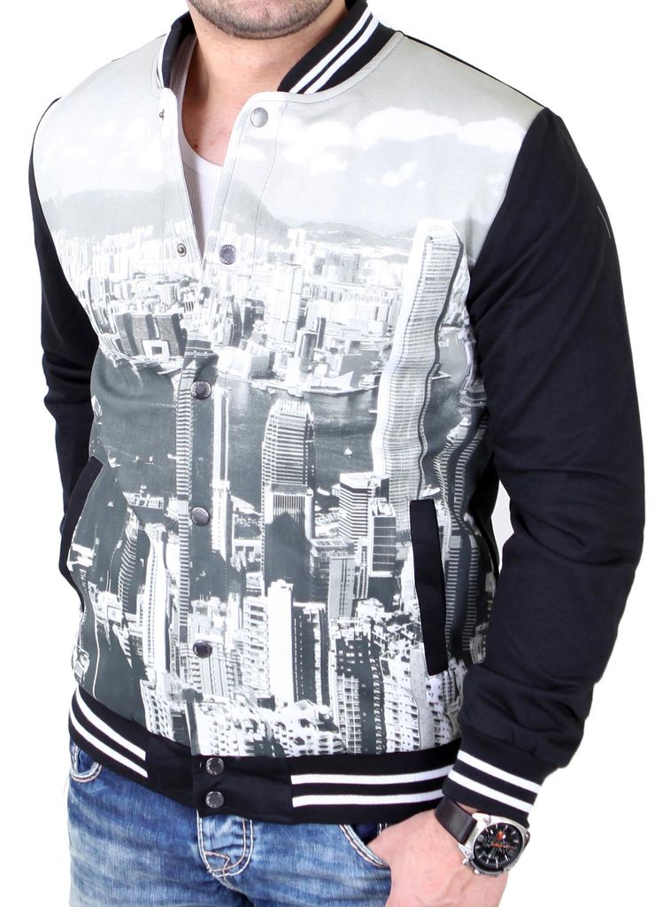 Reslad Sweatjacke Herren Front Full Print Zipper-Jacke RS-8000AB SKYLINE Schwarz XL
