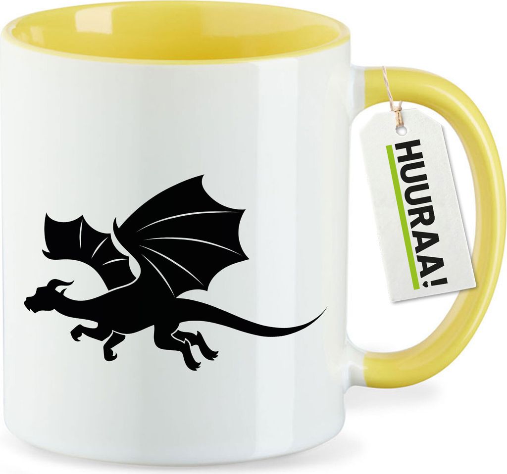 Huuraa Kaffeetasse Drache Silhouette 330ml Gelb Keramik Kaffeebecher Geschenkidee