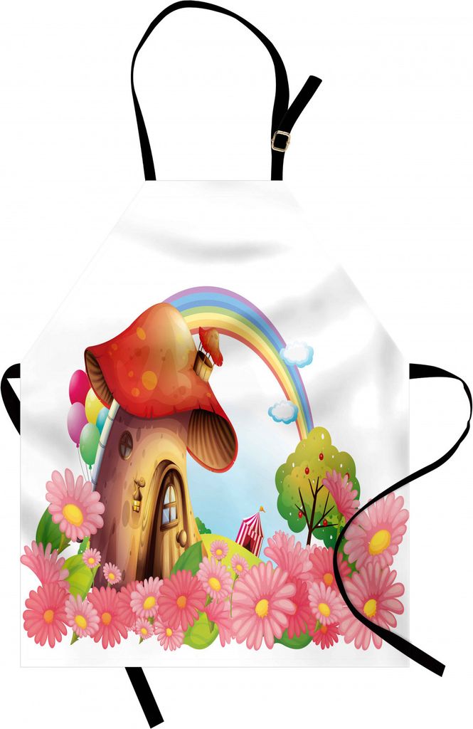 ABAKUHAUS Pilz Kochschürze, Kleines Shroom Haus im Garten der Blumen-Regenbogen-Frucht-Baum-Zirkus-Zelt-Ballone, Farbfest Höhenverstellbar Waschb...