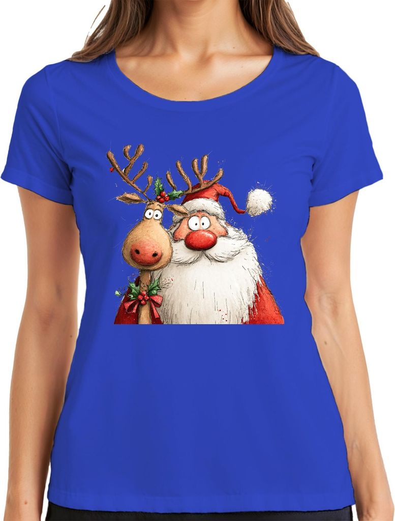 Weihnachtsmann Rentier rote Nase lustig Weihnachten Geschenk Damen T-Shirt, Blau, L