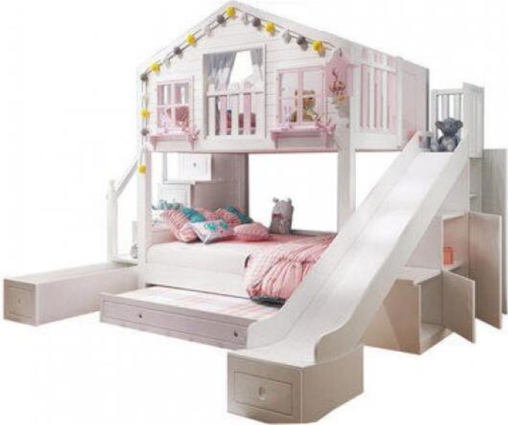 360Home schönes Haus Etagenbett mit Rutsche, Stufen und Stauräumen 1500x1900mm Stufen mit Stauraum+Ausziehbett+Garderobenrutsche