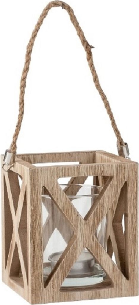 Ein kleiner, quadratischer Teelichthalter aus hellem Holz mit einem Glasbehälter im Inneren.