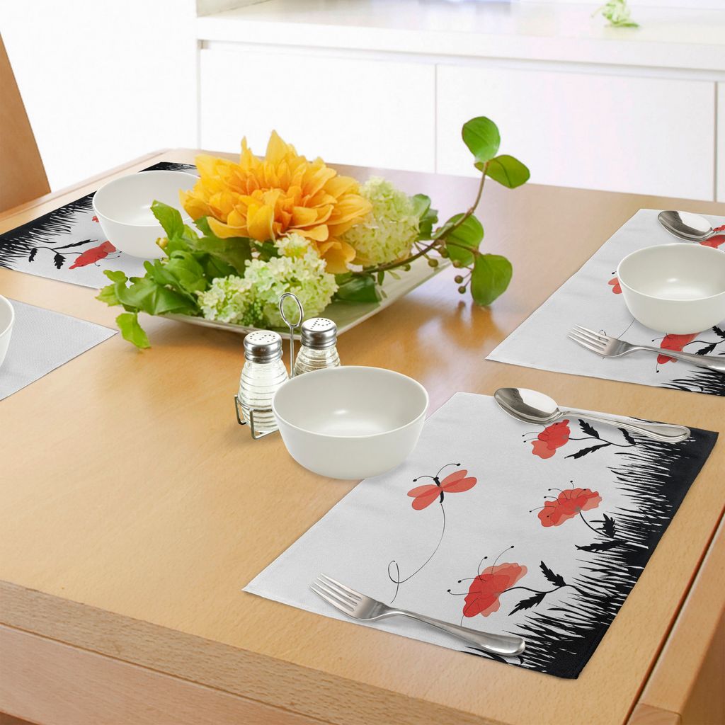 ABAKUHAUS Mohn Platzmatten, Abstrakte Hirtenlandschaft mit Gras blühenden Flora und fliegenden Schmetterling, Tiscjdeco aus Farbfesten Stoff für ...