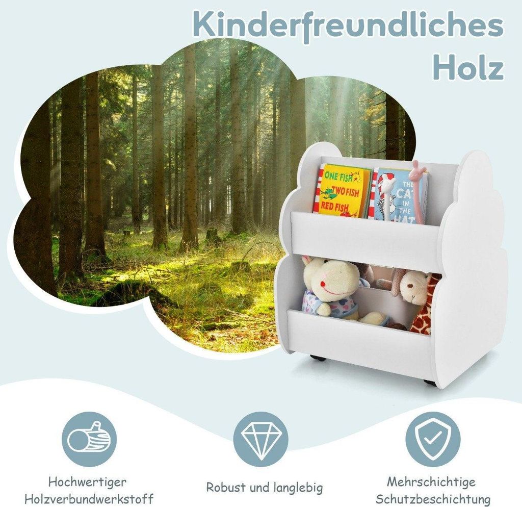 Kinder-Bücherregal auf Rollen Kinderregal mit Geräumigem Stauraum 52 x 47 x 63 cm Weiß