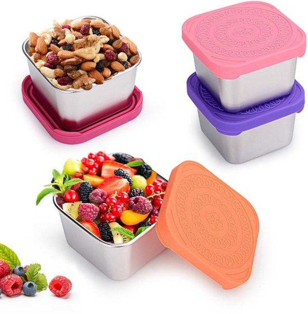 Edelstahl-Snackbox 4x180ml, leckdicht, silikonbeschichtet, wiederverwendbar, stapelbar, leicht zu öffnen