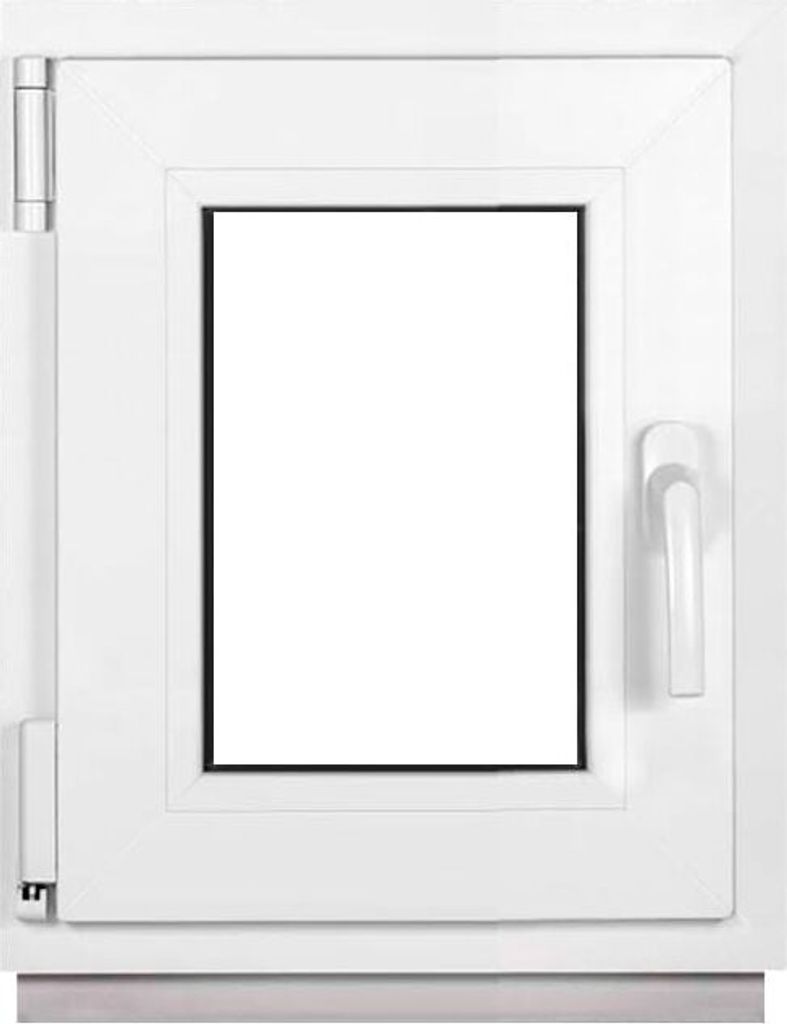 A white plastic window with a glass pane and a handle, presented against a white background.