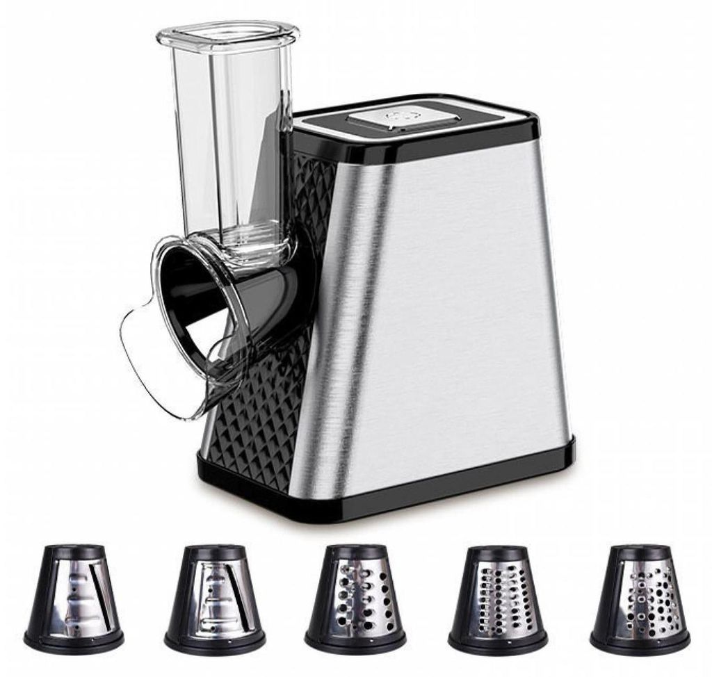 Zimilo Elektrischer Gemüseschneider 5-in-1, 800W Leistung, mit 4 Reibeeinsätzen, Edelstahlschneider, Sicherheitsschieber, für Salate und Käse