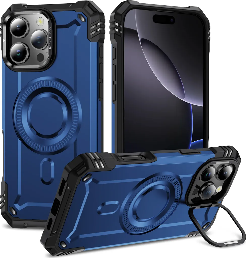 Custodia magnetica per iPhone 16 Pro, robusta custodia protettiva militare con supporto ad anello per fotocamera Blu