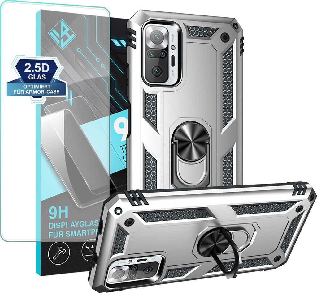 Armor Outdoor Handyhülle für Xiaomi Redmi Note 10 Pro Handy Panzer Case Schutzhülle mit 9H Displayglas Displayschutz Farbe: Silber