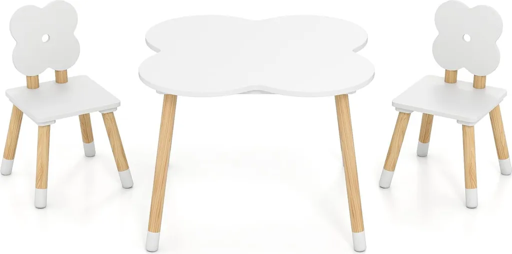Mobilier de chambre enfant : table fleur blanche et chaises en bois MDF