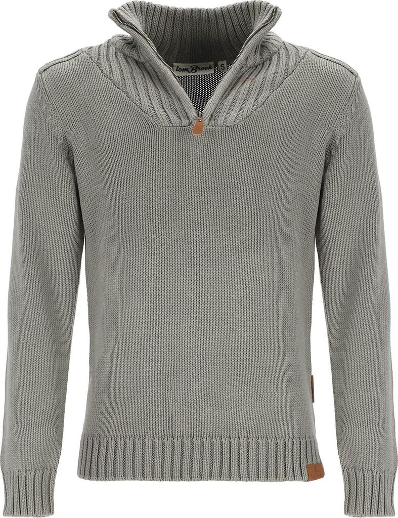 tomBrook Herren Strick-Troyer Unifarben - Troyer-Pullover Strickpullover mit Stehkragen und Reißverschluss in Grau-Grün Größe M